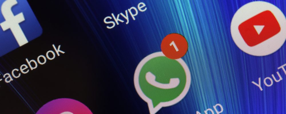 Adygea, Russia - January 2, 2018: app icons WhatsApp, YouTube, instagram, Facebook and Skype on the screen of the smartphone Xiaomi